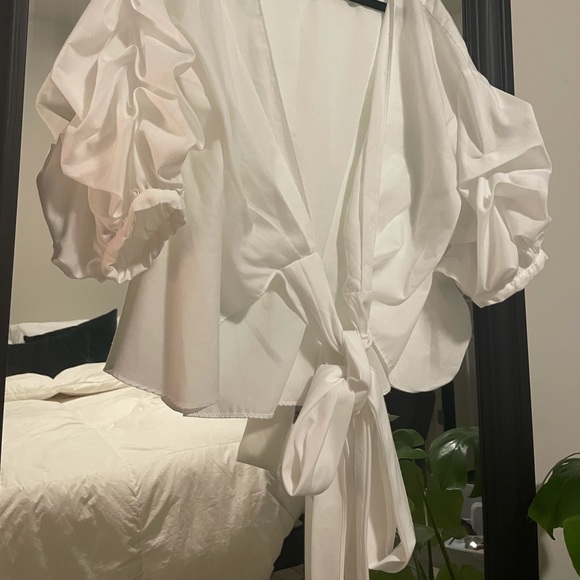 WORN ONCE White Rushed Lantern Sleeve Wrap Blouse - Picture 10 of 11